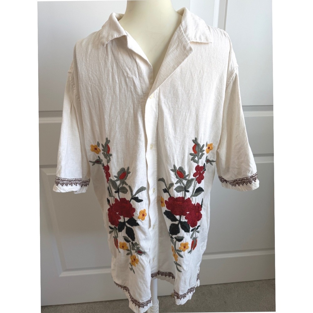 Abercrombie & Fitch Mens Medium Tall Floral Embroidered Linen Blend Camp Shirt